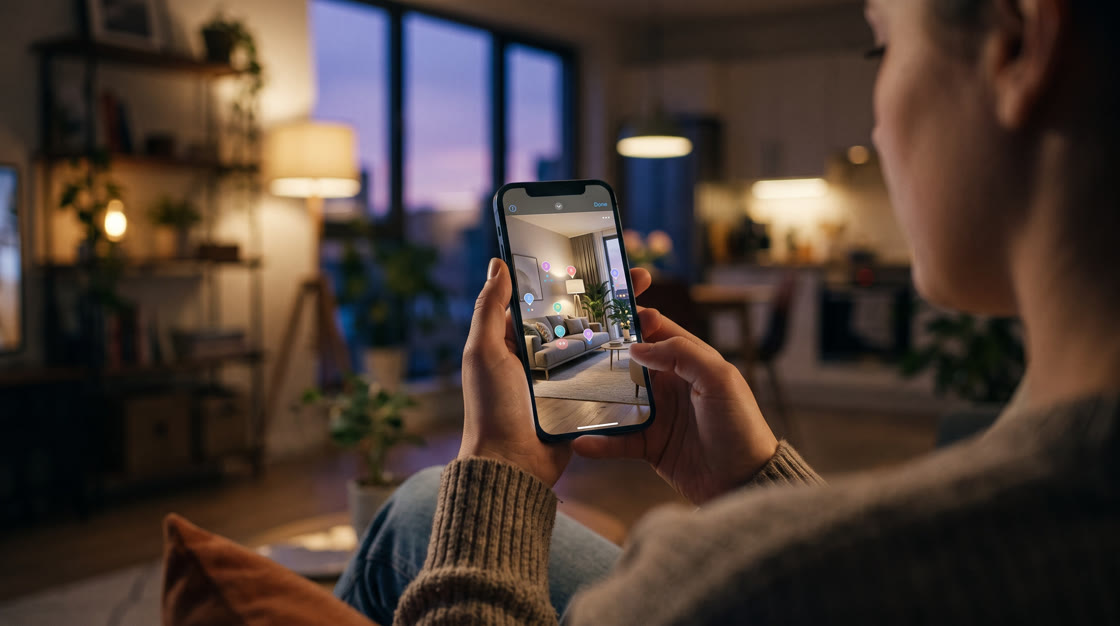 A client at home looking at an interior visualisation in the app on her phone
