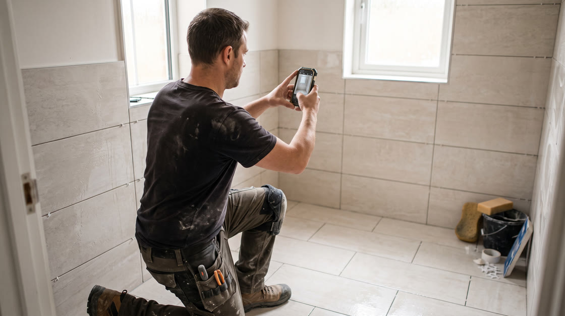 A tiler on site photographing a wall with his phone