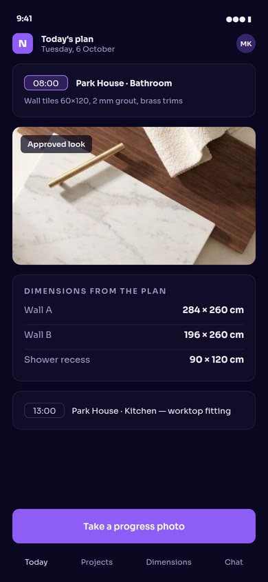 The contractor app: the day’s plan with a bathroom task, the approved look of the materials and wall dimensions taken from the floor plan