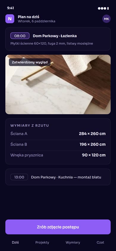 Aplikacja wykonawcy: plan dnia z zadaniem w łazience, zatwierdzony wygląd materiałów i wymiary ścian z rzutu