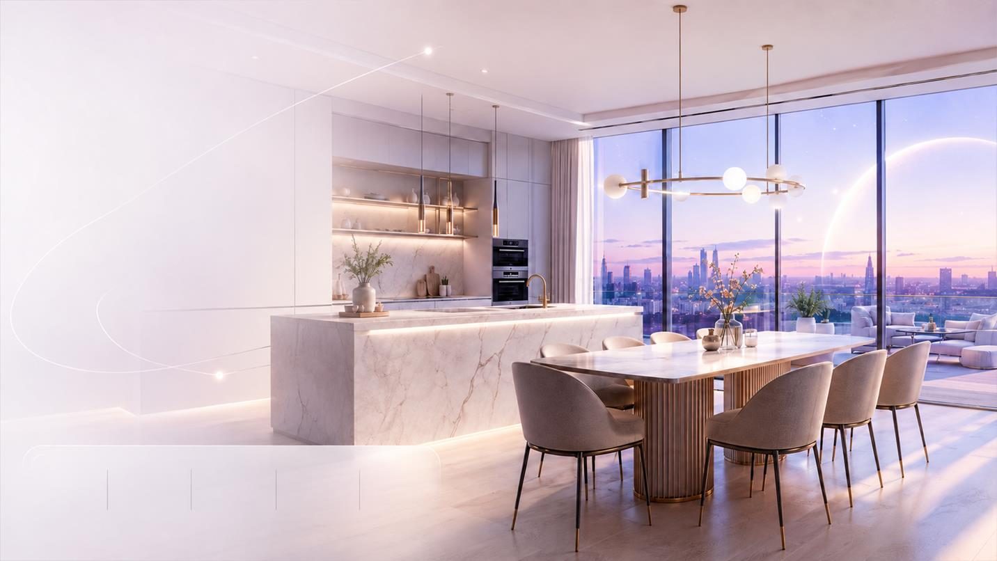 Visualisation of a bright kitchen with a marble island and cabinetry