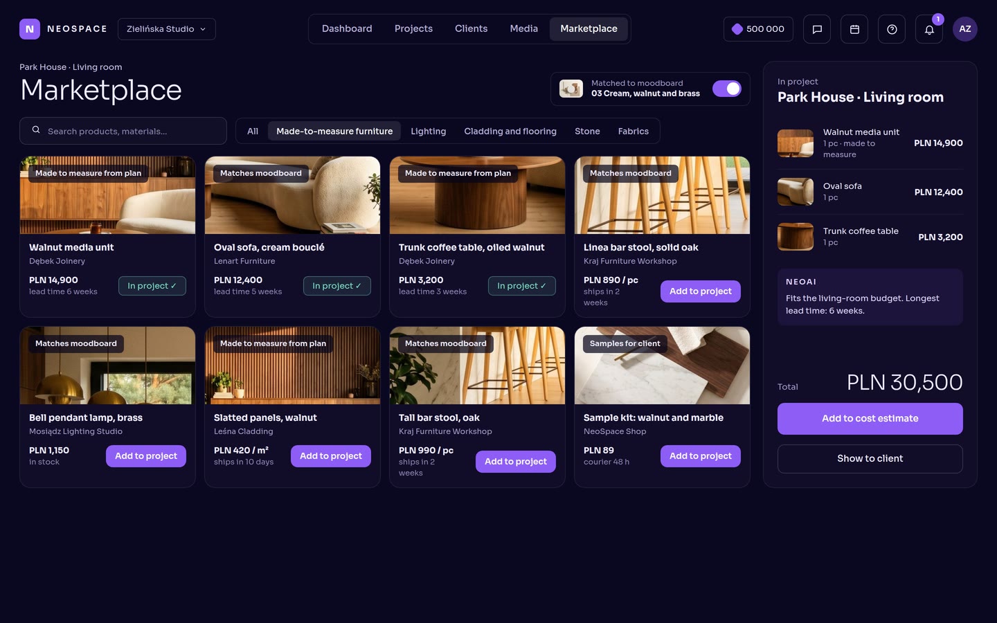The NEOSPACE marketplace: furniture and materials matched to the living-room moodboard, with price, maker and lead time, and the project list with its total
