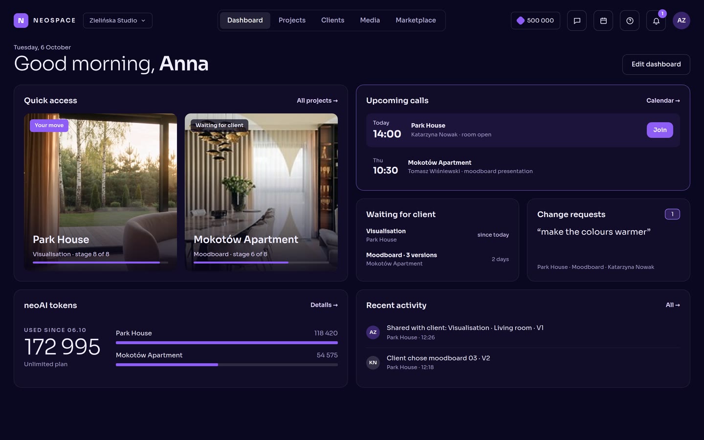 The designer dashboard in NEOSPACE: quick access to projects, upcoming client calls, items waiting for the client, change requests, neoAI token use and recent activity