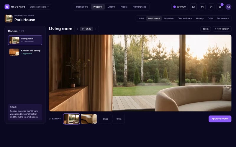 Design: the project workspace with version 1 of the living-room visualisation, the list of rooms and extra shots