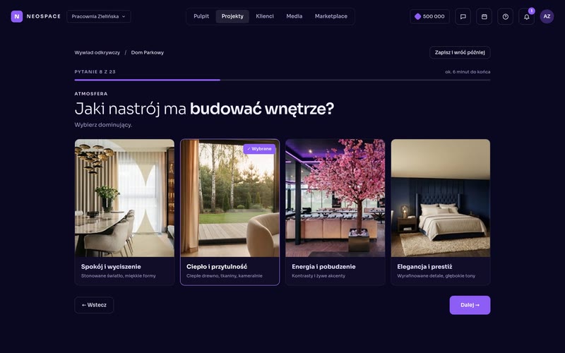 Analiza potrzeb: pytanie 8 z 23 wywiadu odkrywczego — klient wybiera nastrój wnętrza spośród czterech przykładowych aranżacji
