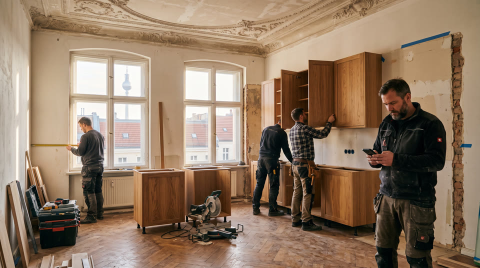 A crew fitting kitchen cabinets in a Berlin tenement