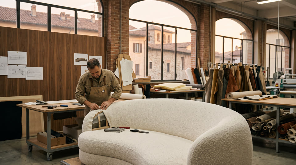 A craftsman in an upholstery workshop next to a white sofa